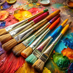 Fototapeta premium used brushes on an artist s palette of colorful