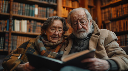 Elderly Couple Reading Book in Cozy Library