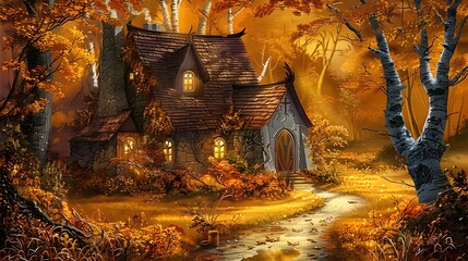 Cozy Cottage Nestled in Vibrant Autumnal Forest Landscape