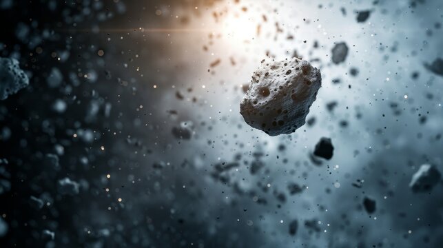 Starship navigating through a field of asteroids, precision and skill in space piloting, dramatic and adventurous space scene