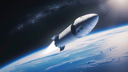 Starship prototype launching a satellite, depicting precision and innovation in space technology, with Earth's horizon and stars in the background