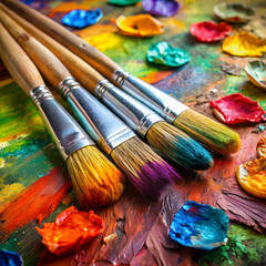 Obraz premium used brushes on an artist s palette of colorful