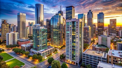 Obraz premium Modern cityscape with high-rise buildings and bustling streets, luxury apartments, and commercial properties for rent and investment.