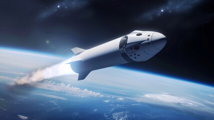 Starship prototype launching a satellite, depicting precision and innovation in space technology, with Earth's horizon and stars in the background
