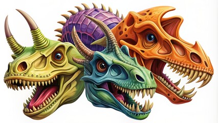 Colorful vector illustration of diverse dinosaur skulls, including Tyrannosaurus, Velociraptor, and Triceratops, on a white background.