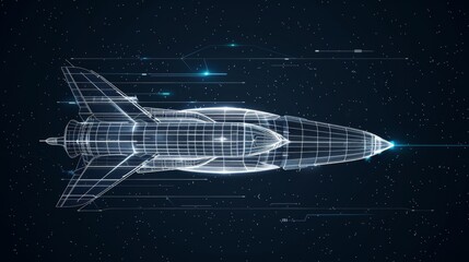 Starship schematic with detailed blueprint elements, galaxy backdrop enhancing the futuristic and exploratory theme, merging art and technology