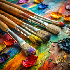 Obraz premium used brushes on an artist s palette of colorful