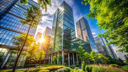 Contemporary glass skyscraper surrounded by lush greenery basks in warm sunlight with sleek architecture and modern urban landscape backdrop.