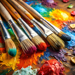 Fototapeta premium used brushes on an artist s palette of colorful