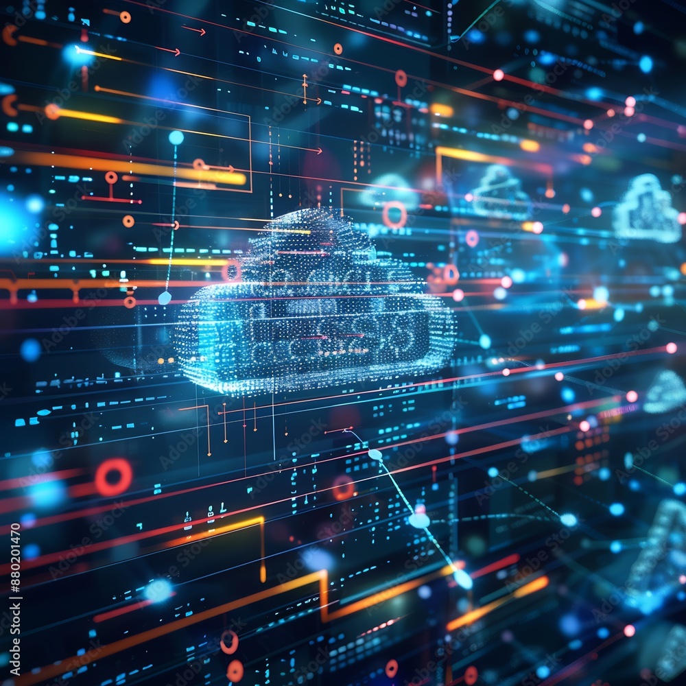 Poster futuristic digital cloud hologram showing cloud computing and digital transformation.