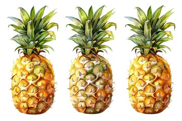 watercolor hand drawn illustration of pineapple with half and slices ripe pineapple, sketch of tropical fruit, food illustration isolated on watercolor background
