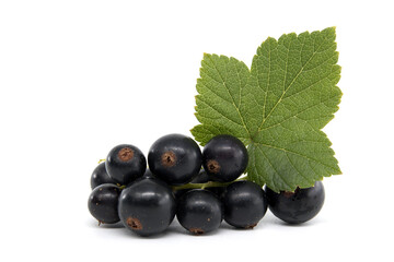 Fresh black currants with green leaves isolated on a white background