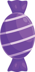 Round purple candy wrapped in purple foil showing white stripes