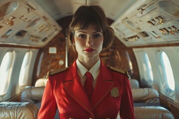 Flight attendant in red uniform, standing in private jet with confident expression, revealing human side air travel. Luxurious interior setting with warm lighting.