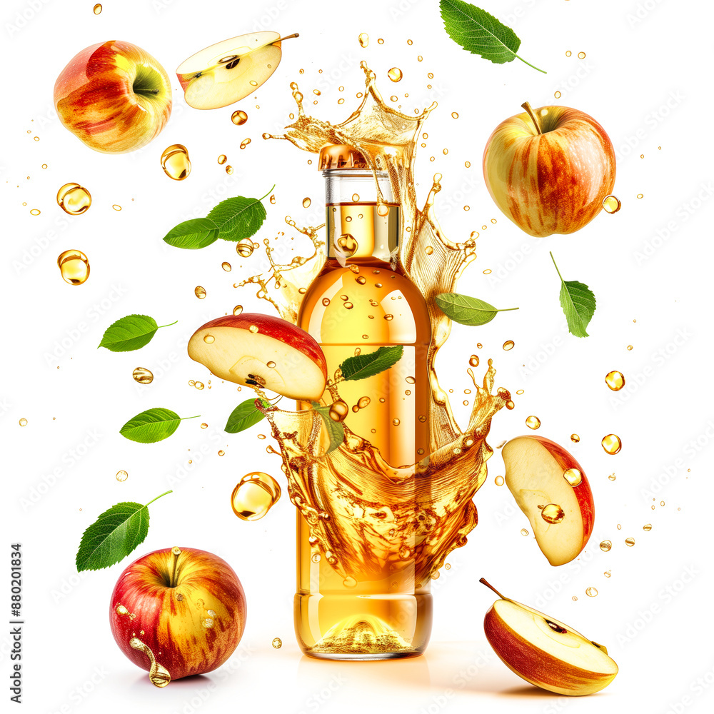 Poster apple juice bottle with apple slices and juice splashes