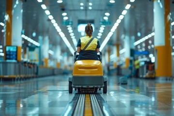 Female janitorial worker driving floor cleaning machine through modern, brightly lit airport terminal. Emphasizes essential role maintenance staff in ensuring cleanliness safety public spaces.
