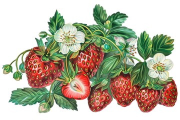 illustration of strawberry with fruits and flowers isolated