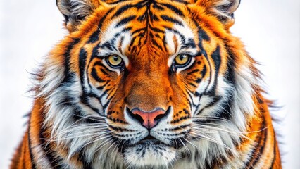 Fototapeta premium Vibrant orange and black tiger head with intense gaze, sharp whiskers, and intricate fur patterns, set against a stark white background.