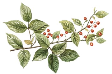 Cherry tree branch with red cherry berries and green foliage on a white isolated background.