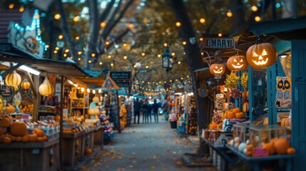 Nighttime Halloween market with glowing jack-o'-lanterns and festive lights, decorated stalls, and a crowded street.