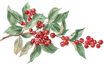 Obraz premium Cherry tree branch with red cherry berries and green foliage on a white isolated background.