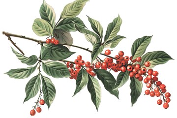 Obraz premium Cherry tree branch with red cherry berries and green foliage on a white isolated background.