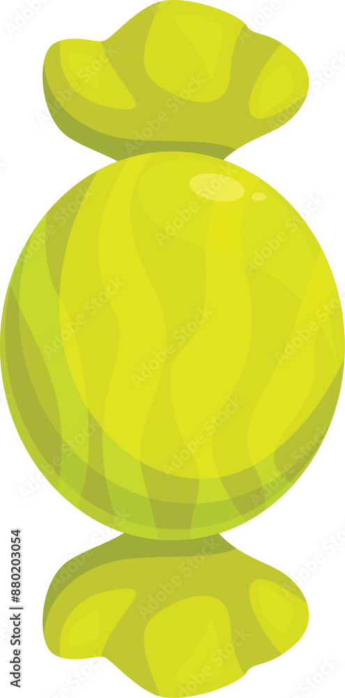 Poster green round candy with stripes is folded and packed in a transparent wrapper