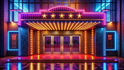 Vibrant neon lit entrance to a comedy theater at a casino, comedy, theater, vibrant, neon, lit, entrance, casino, nightlife