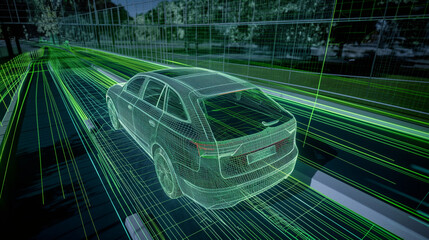 Obraz premium Simulation im Windkanal mit Sprtwagen modernes E-Auto Vision mit Strömungslinien Windwiderstand Generative AI