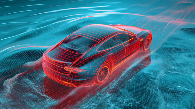 Simulation im Windkanal mit Sprtwagen modernes E-Auto Vision mit Str&ouml;mungslinien Windwiderstand Generative AI