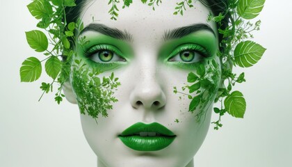 Woman with Green Makeup and Leaves.