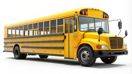 Isolated iconic bright yellow school bus with front, rear, and dual side profiles set against a clean white background.