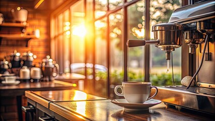 Vintage cafe ambiance in the morning with a coffee machine emitting warm light, vintage, cafe, morning, coffee machine