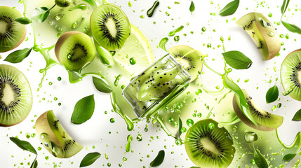 Kiwi jam jar with fresh kiwi slices and jam splashes