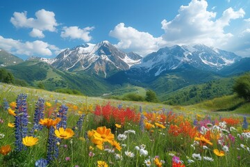 A serene alpine meadow blanketed in a carpet of vibrant wildflowers, where snow-capped peaks rise majestically against a backdrop of azure sky. 