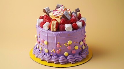 Vibrant purple birthday cake with marshmallow strawberry and macaroon decorations on a yellow base