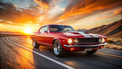 Retro-style, high-performance, red muscle car with racing stripes and flames blazing along the sides, speeding down a deserted road alone.