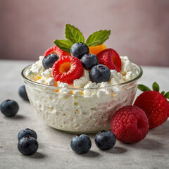 Daisy Cottage Cheese with Fruit. Fresh cottage cheese with juicy berries raspberries, breakfast in restaurant, close up