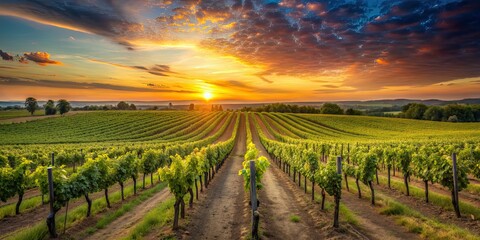 Sunset over a vast vineyard with rows of grapevines stretching into the distance, vineyard, sunset, grapevines, rows, agriculture