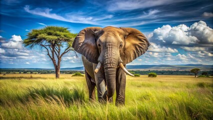 Fototapeta premium Magnificent wild African elephant stands tall in open savannah, surrounded by lush greenery, under a bright blue cloudless sky.
