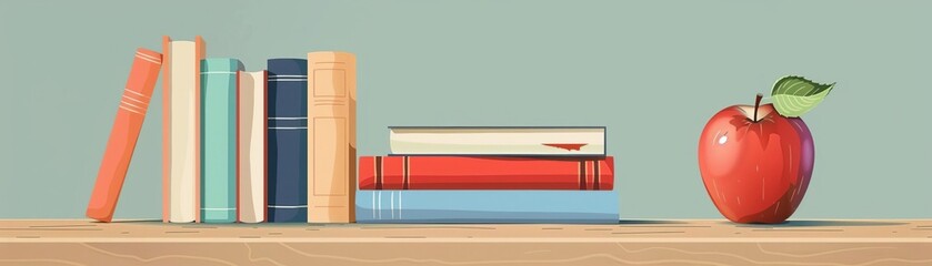 Obraz premium A row of colorful books and a red apple on a wooden shelf against a green background, symbolizing education and learning.