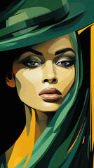 A Beautiful Women Portrait With Green Color Minimal Oil Painting On Canvas