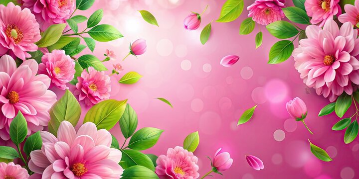 Vibrant pink floral background with delicate petals and green leaves, pink, vibrant, floral, background, petals, green, leaves