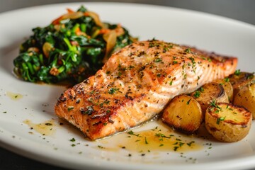 Grilled Salmon with Roasted Potatoes and Spinach