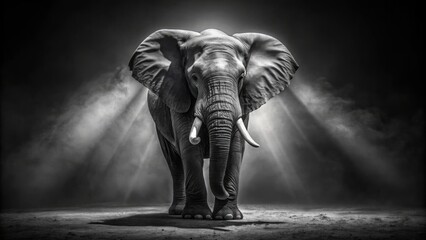 Majestic black and white elephant stands alone in dramatic darkness, emphasized by bold shadows and subtle highlights on its wrinkled skin. © Man888