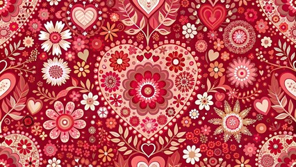 Vibrant vintage floral pattern in red and pink with heart motifs and decorative elements, floral, vintage, pattern, red