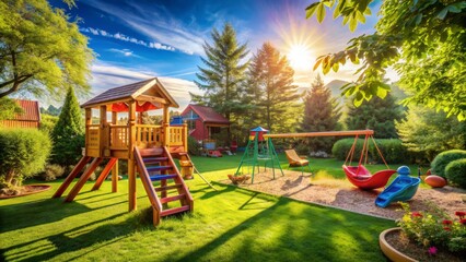 Vibrant backyard scene with colorful swings, slides, and playground equipment surrounded by lush greenery on a sunny afternoon landscape.