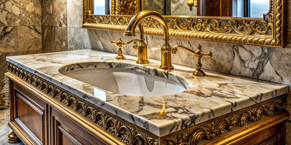 Sticker vintage luxury sink with intricate gold detailing and marble countertops, vintage, luxury, sink, gol