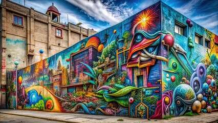Fototapeta premium Surreal graffiti art on a structured wall, depicting curious and imaginative scenes , surreal, graffiti, art, structured