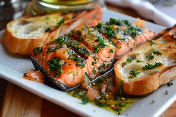Grilled Salmon with Garlic Herb Butter and Toasted Bread